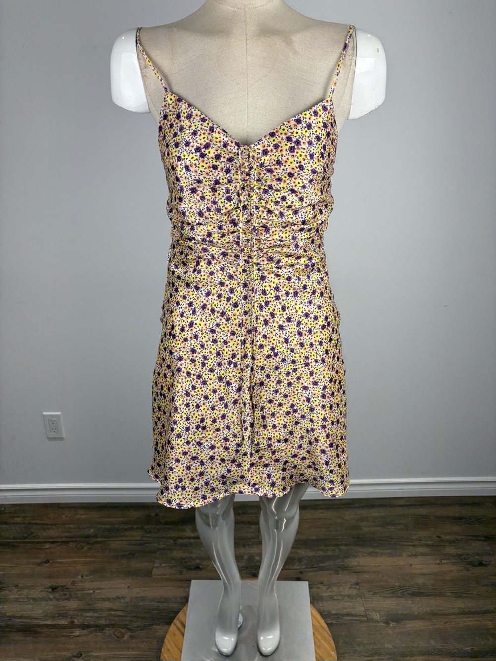 Zara Satin Effect Floral Ruched Mini Dress Yellow Purple XS